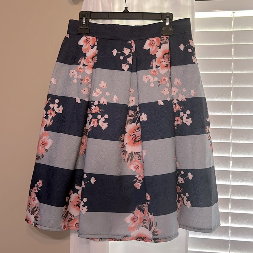 Floral Stripe A-Line Skirt - Pink & Navy